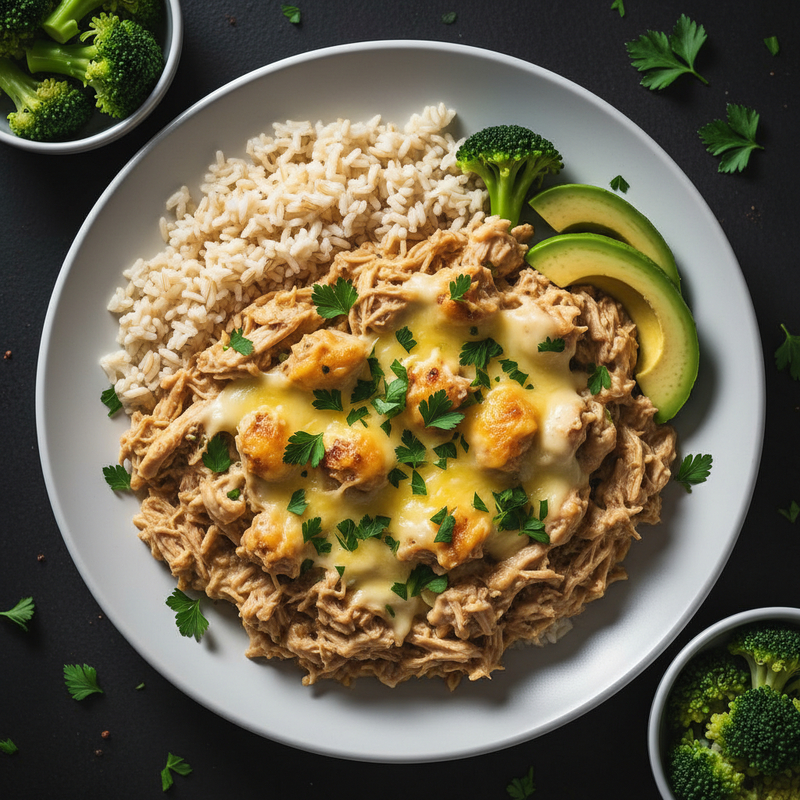 Um prato de fricassê de frango fit proteico com arroz integral e salada, pronto para servir.