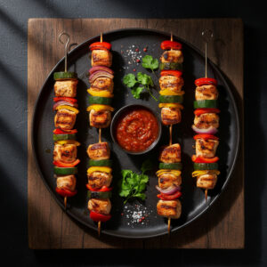 Espetinhos de frango grelhado com pimentões coloridos e cebola roxa, servidos em um prato com limão e alecrim, destacando a receita espetinhos de frango grelhado.