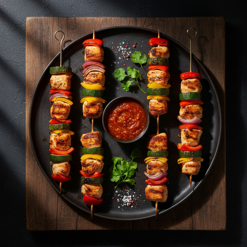 Espetinhos de frango grelhado com pimentões coloridos e cebola roxa, servidos em um prato com limão e alecrim, destacando a receita espetinhos de frango grelhado.