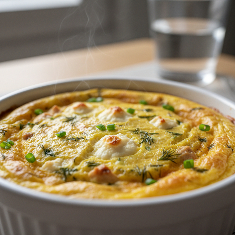 Omelete de forno proteico com vegetais frescos em uma travessa, fofo e dourado, pronto para ser servido.