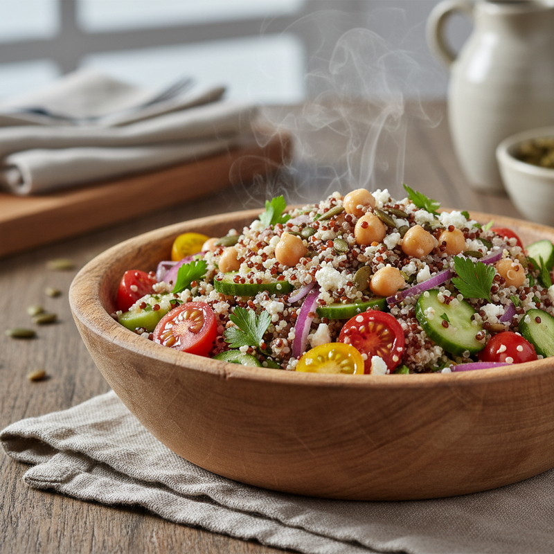 Uma tigela de salada proteica de quinoa com grão de bico e vegetais frescos, vista de cima, pronta para servir.