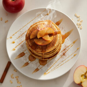 Panqueca de aveia proteica com maçã e canela, decorada com frutas frescas e um toque de mel.