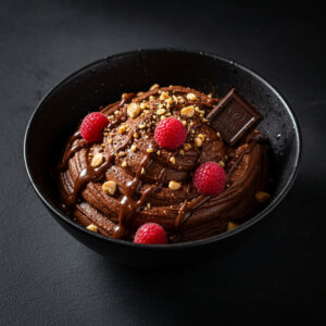 Mousse proteica de chocolate cremosa em taça, decorada com raspas de chocolate e frutas vermelhas. Uma deliciosa receita de mousse proteica de chocolate.