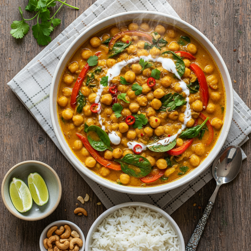 Um prato colorido de curry de grão de bico proteico e vegetais, servido em uma tigela de cerâmica, pronto para ser saboreado.