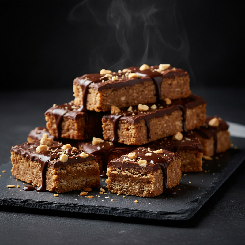 Barras de proteína de amendoim e chocolate cortadas, demonstrando uma deliciosa receita barra proteica caseira para lanche fit.
