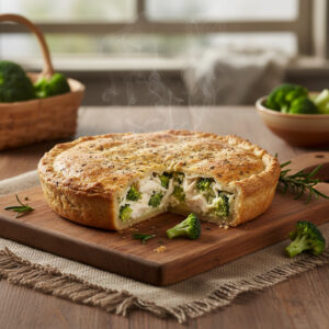 Uma porção de torta fit de frango e brócolis, destacando o recheio suculento e a massa sem glúten.