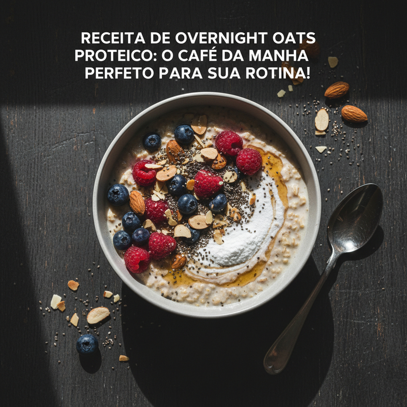 Pote de vidro com receita de overnight oats proteico decorado com frutas vermelhas frescas e sementes.