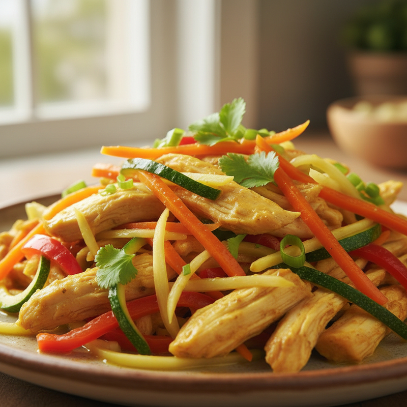 Prato de frango desfiado com legumes e gengibre. Uma receita de frango anti-inflamatório colorida e nutritiva.