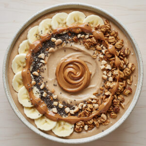 Smoothie proteico de banana e pasta de amendoim em copo alto.