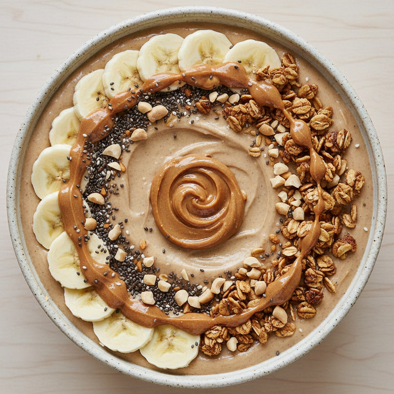 Smoothie proteico de banana e pasta de amendoim em copo alto.