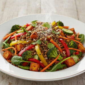 Salada de lentilha proteica com legumes frescos e ervas, servida em um bowl. Ótima opção para uma refeição saudável e energética.