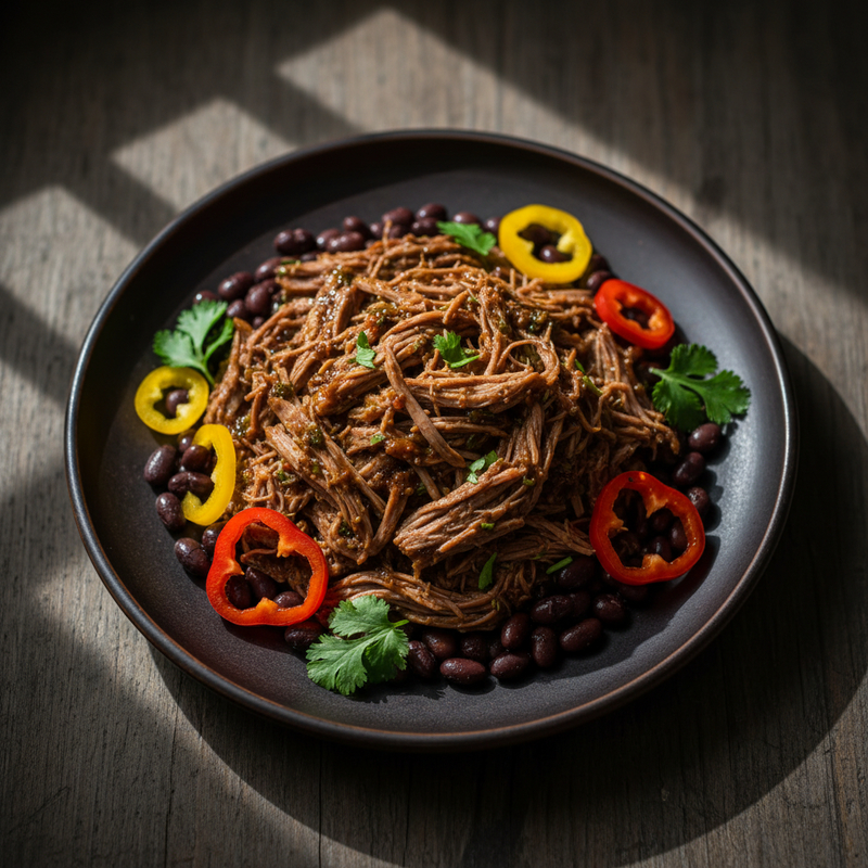 Prato de Coxão Mole Desfiado Fit com vegetais coloridos, pronto para ser saboreado, destacando a carne magra e saudável.