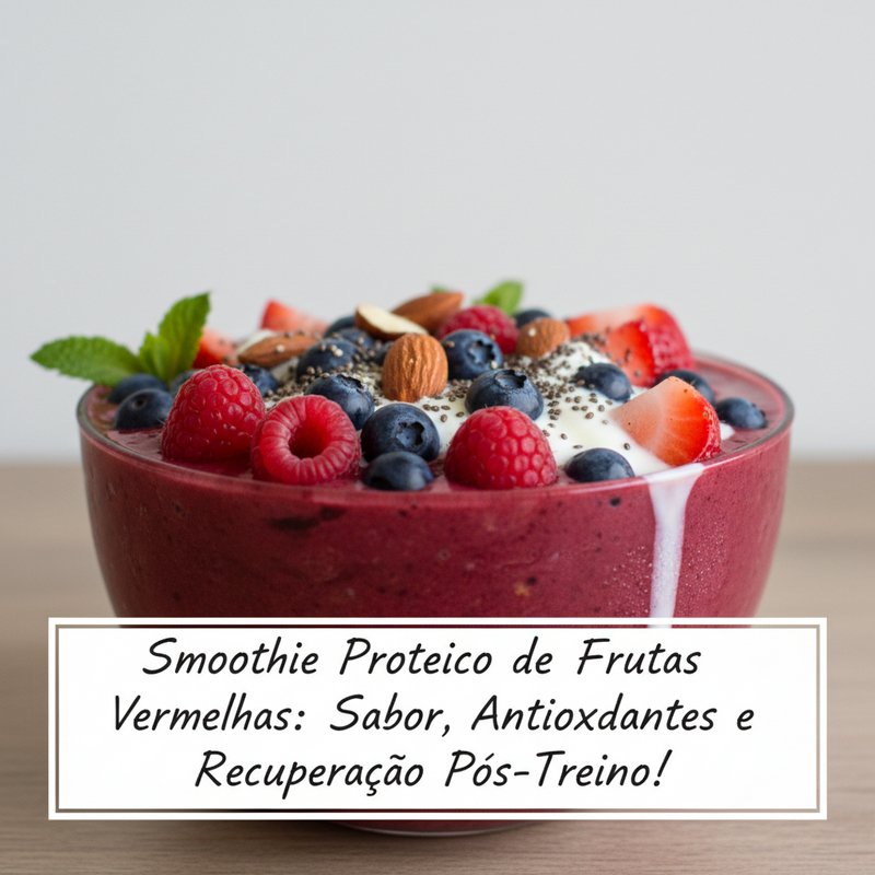 Smoothie proteico de frutas vermelhas vibrante em um copo alto com canudo, decorado com frutas frescas e folhas de hortelã, com a frase-chave smoothie proteico de frutas vermelhas.
