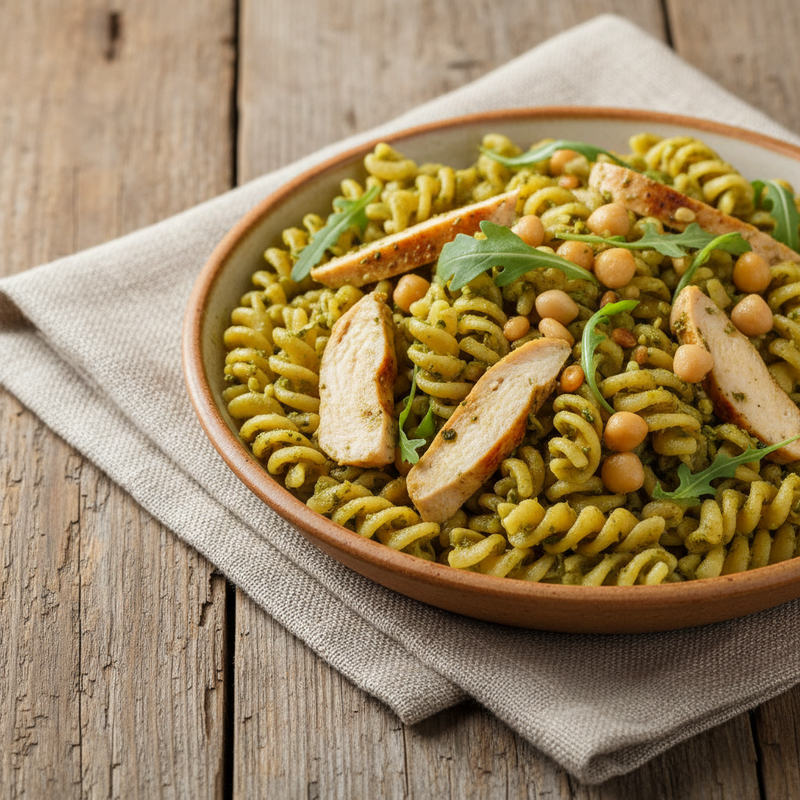 Prato de macarrão de grão de bico fit com pesto de rúcula e frango desfiado, pronto para comer.