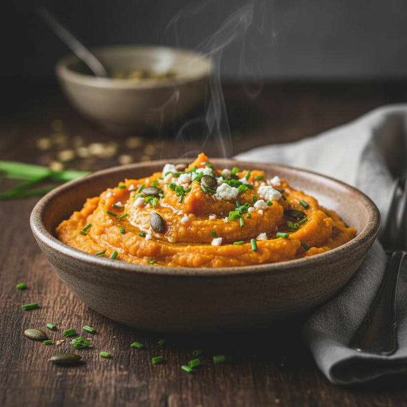 Tigela de receita purê batata doce proteico cremoso com cheiro-verde, pronto para servir.