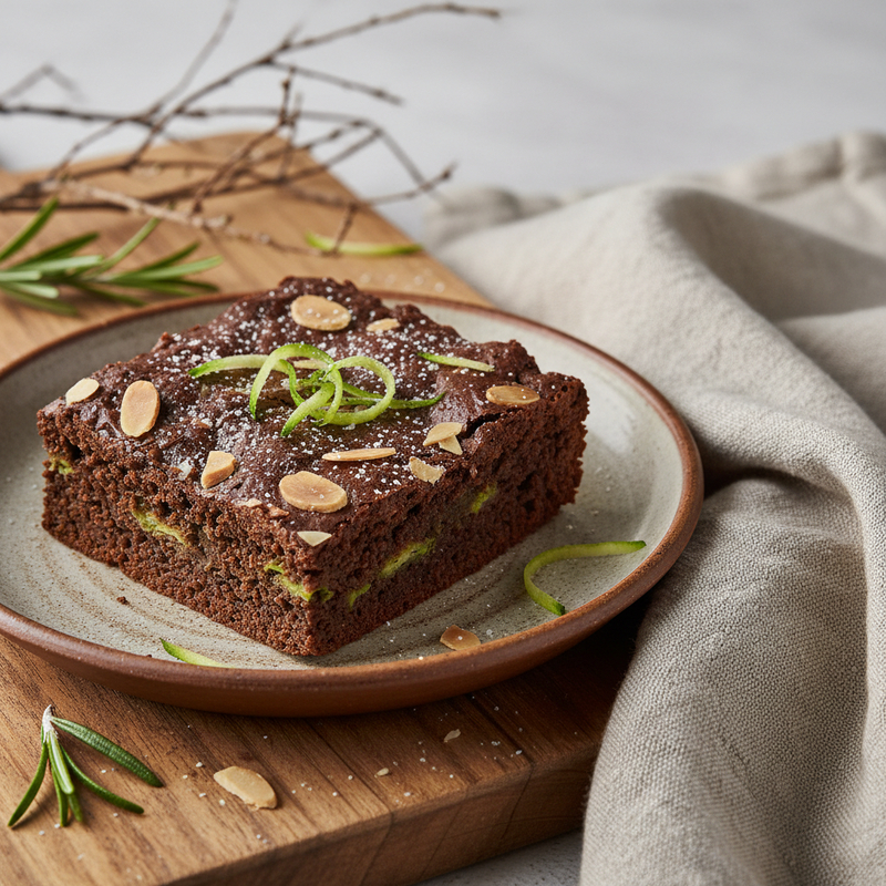 Pedaços de brownie fit de abobrinha com farinha de amêndoas em um prato de madeira, destacando a textura úmida e a presença discreta da abobrinha.