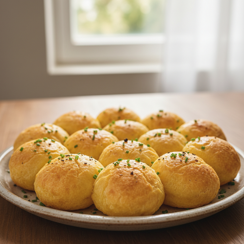 Cesta com pão de queijo fit de grão de bico dourado e crocante, pronto para servir, ideal para um lanche saudável.