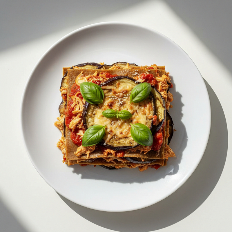 Lasanha fit massa lentilha com camadas de berinjela, frango e molho, em uma travessa de vidro, recém-saída do forno.