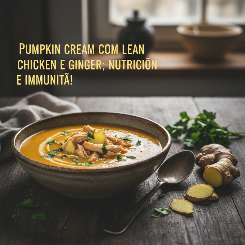 Uma tigela fumegante de creme de abóbora com frango fit, decorada com salsa fresca e uma pitada de pimenta, sobre uma mesa de madeira. O gengibre adiciona um toque especial.