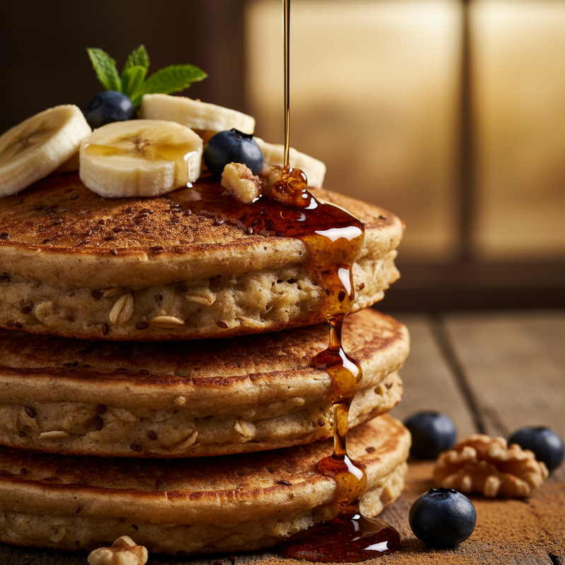 Panqueca proteica de banana e aveia empilhada com mel e frutas vermelhas, pronta para comer.
