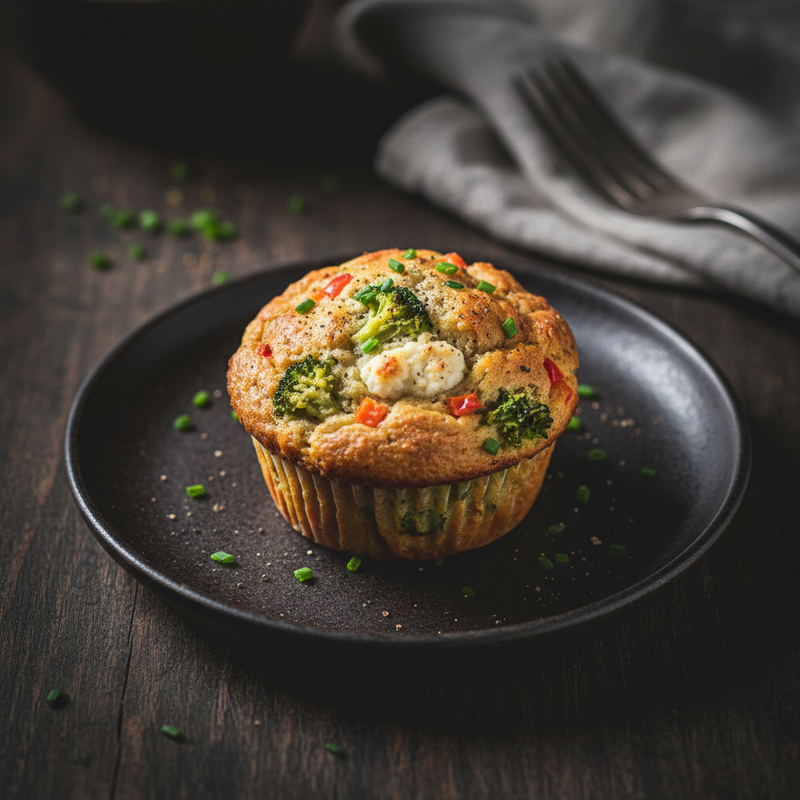 Muffin Salgado Proteico de vegetais e queijo cottage em forminhas, pronto para ser servido.