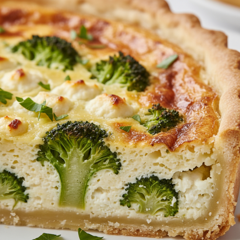 Quiche fit de brócolis e queijo cottage recém-assado, em um prato com talheres, pronto para ser servido.