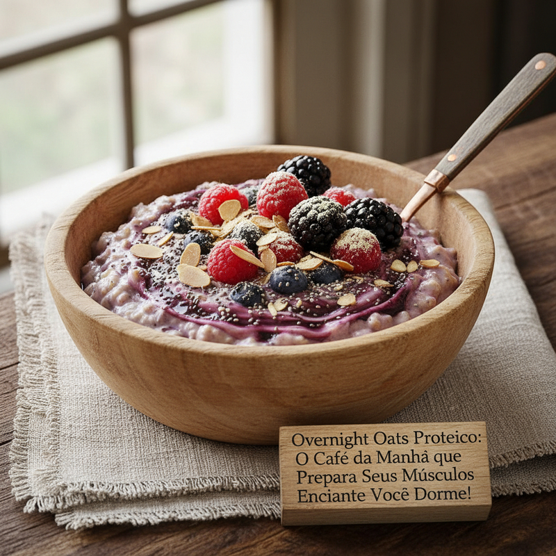 Pote de vidro com a receita de overnight oats proteico decorado com frutas vermelhas frescas e sementes de chia