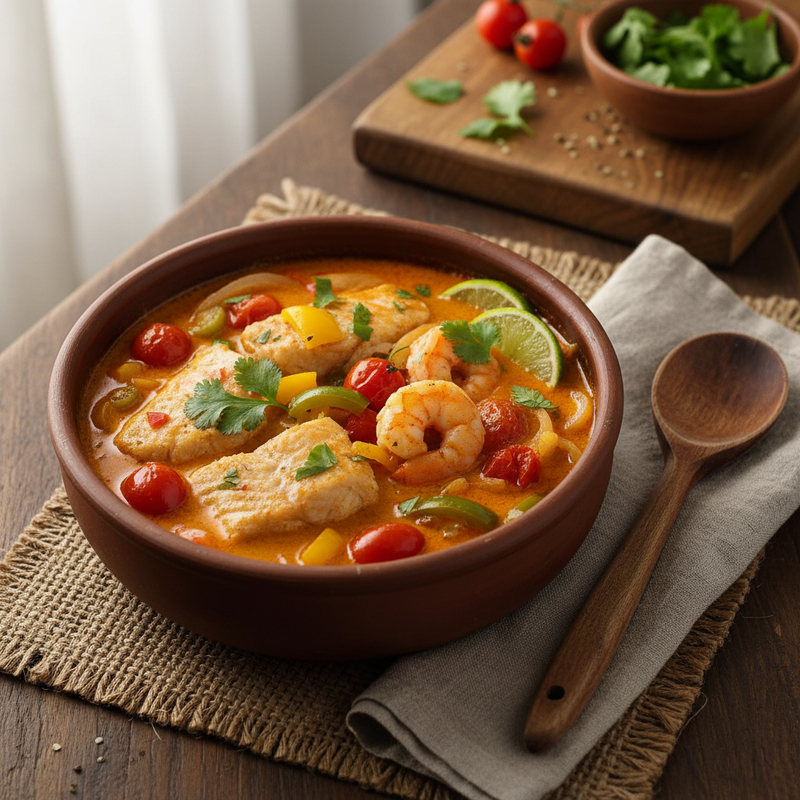 Moqueca fit de peixe branco em uma panela de barro, com arroz integral e coentro fresco.