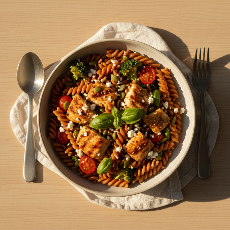Prato de macarrão de lentilha com frango fit cremoso e espinafre, pronto para comer.