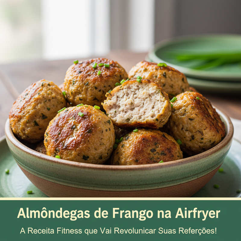 Prato com almôndegas de frango na airfryer, douradas e suculentas, acompanhadas de legumes frescos, mostrando a receita almôndegas frango airfryer pronta para ser servida.