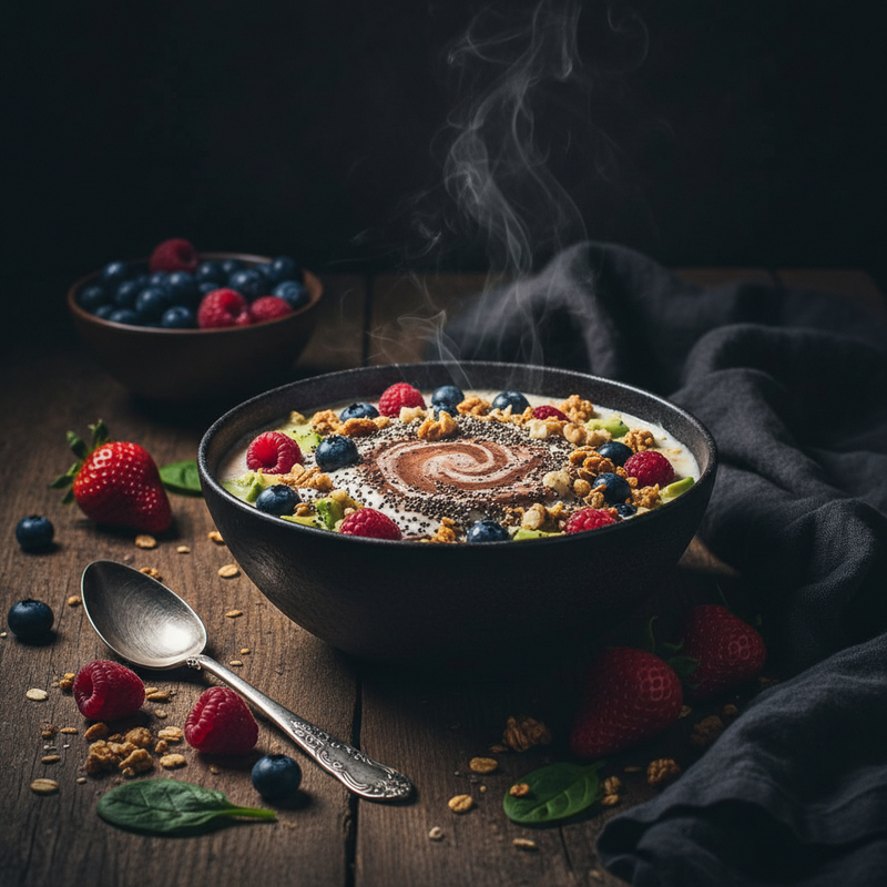 Vitamina proteica pós-treino cremosa em copo alto, pronta para consumo imediato.