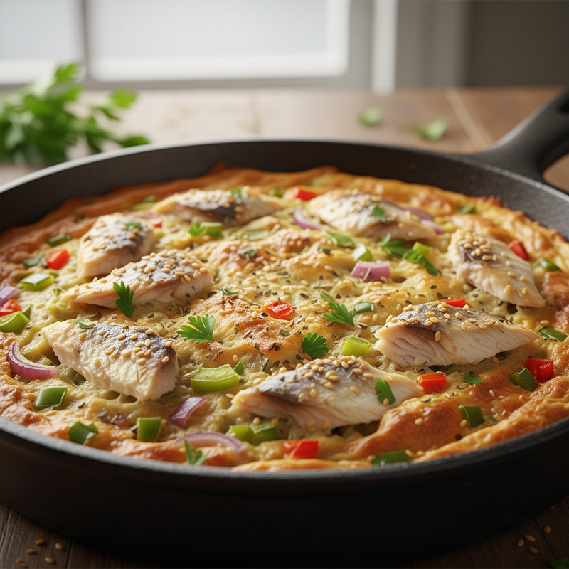 Torta de sardinha fit recém-preparada na frigideira, dourada e com recheio aparente de sardinha e vegetais, para um almoço ou jantar saudável e sem glúten.