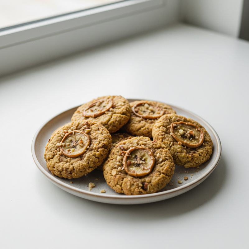 Cookies fitness de banana e pasta de amendoim com gotas de chocolate em uma grade. A receita cookie fitness ideal para seu lanche.