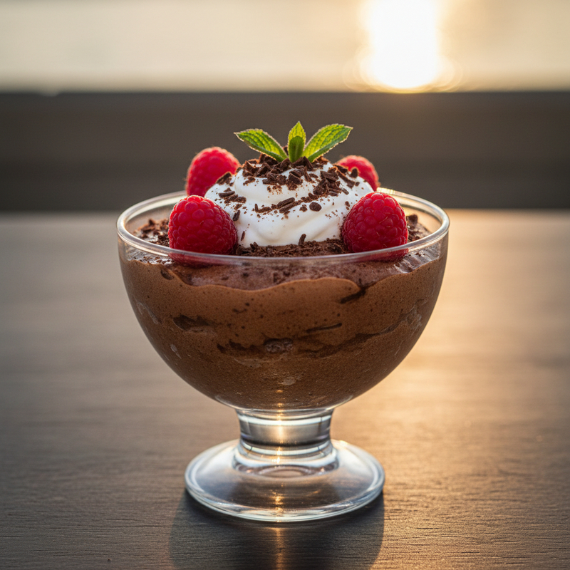 Foto de uma mousse proteica de chocolate em um copo de vidro, com raspas de chocolate por cima, destacando a cremosidade e o aspecto apetitoso da mousse proteica de chocolate.