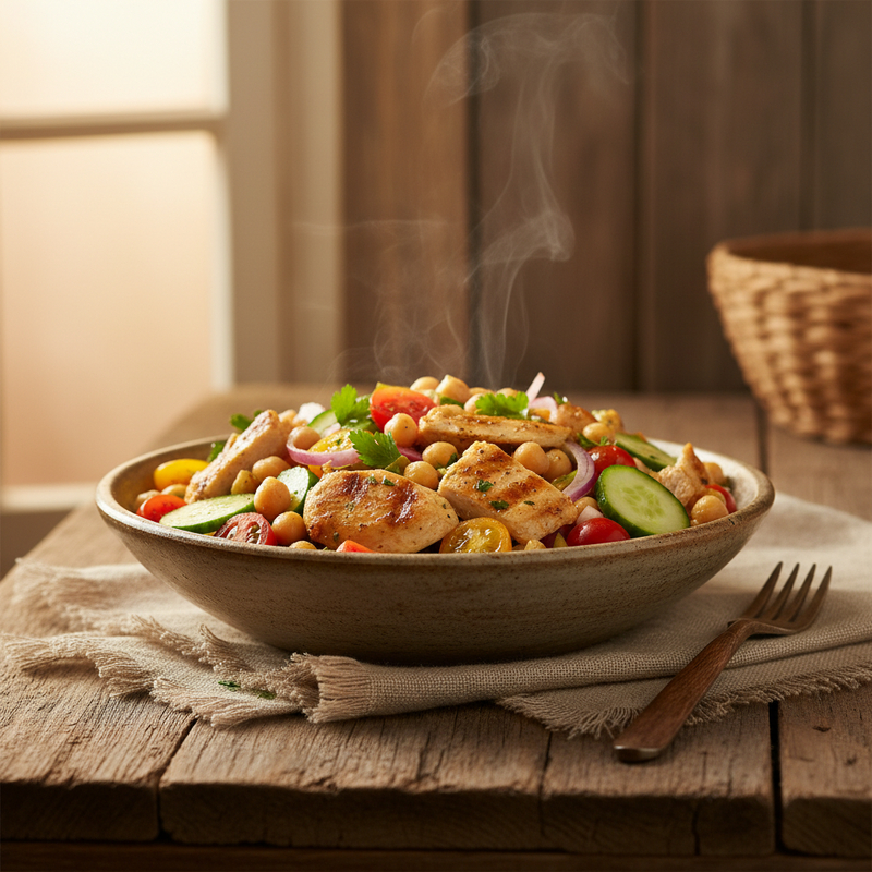 Salada de grão de bico com frango fit em um bowl, colorida e fresca, perfeita para uma refeição saudável e rápida.