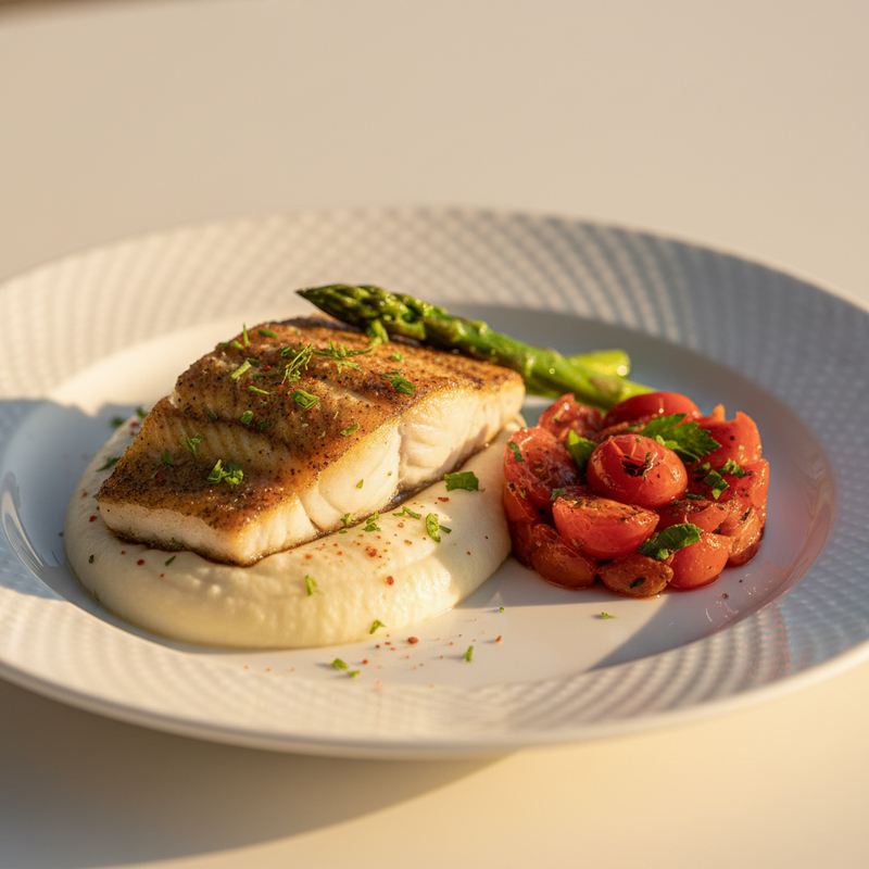 Filés de tilápia grelhada crocante fit com purê de couve-flor e salsinha picada.