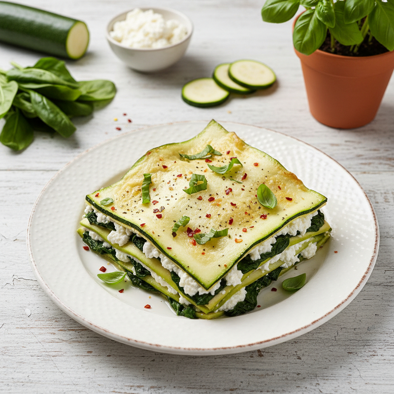 Lasanha de abobrinha fit com recheio cremoso de ricota e espinafre, assada e gratinada, pronta para servir em um prato branco, com folhas de manjericão fresco por cima.