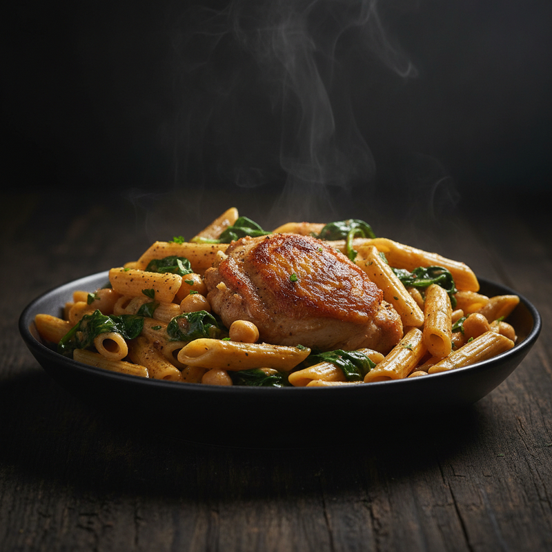 Prato de massa de grão de bico cremosa com pedaços de frango desfiado e espinafre fresco, receita massa grão de bico