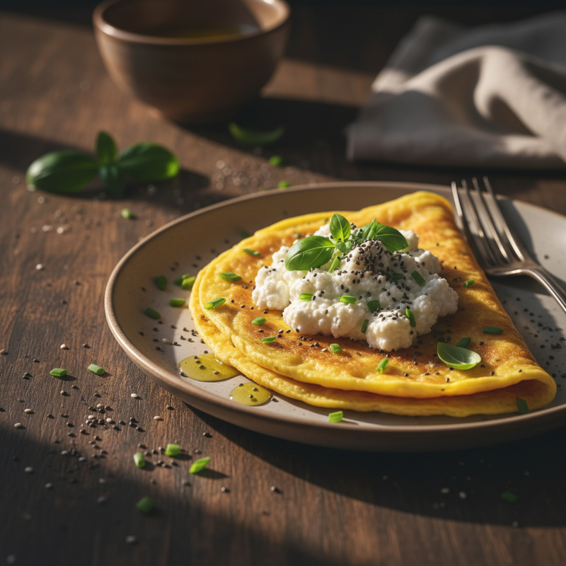 Crepioca de ovos fit recheada com cottage e chia, pronta para ser servida