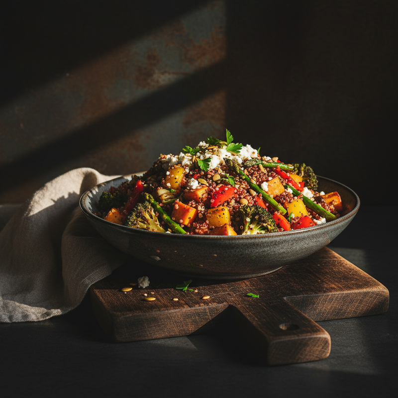 Foto de uma salada de quinoa proteica com grão de bico e diversos vegetais assados em um bowl de servir, pronta para comer.