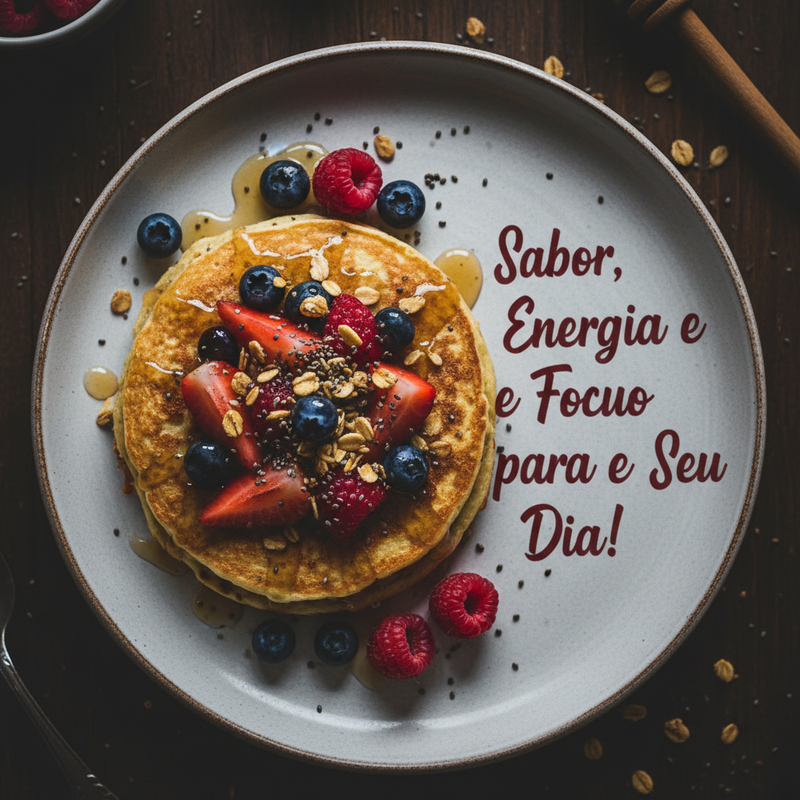 Panquecas de aveia proteicas empilhadas, com frutas vermelhas frescas e mel, em um prato de madeira. Perfeita Panqueca de Aveia Proteica.