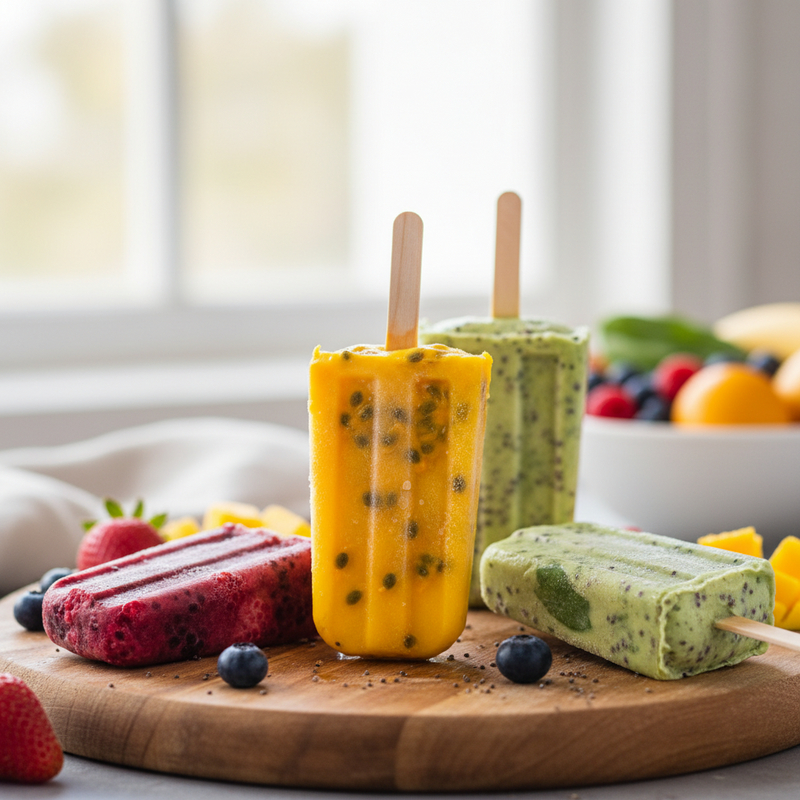 Picolé proteico de frutas vermelhas e banana, decorado com frutas frescas, em um dia ensolarado, ressaltando a ideia de um lanche saudável e refrescante para a família.