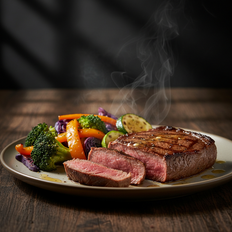 Uma refeição fitness completa com bife de alcatra grelhado e mix de vegetais coloridos, ideal para quem busca uma receita bife alcatra grelhado saborosa e prática.