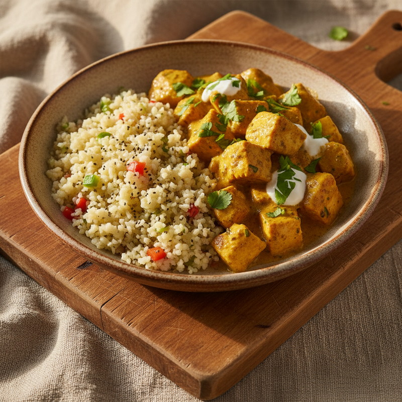 Prato de frango ao curry fit com arroz de couve-flor, coentro fresco, em um fundo de madeira.