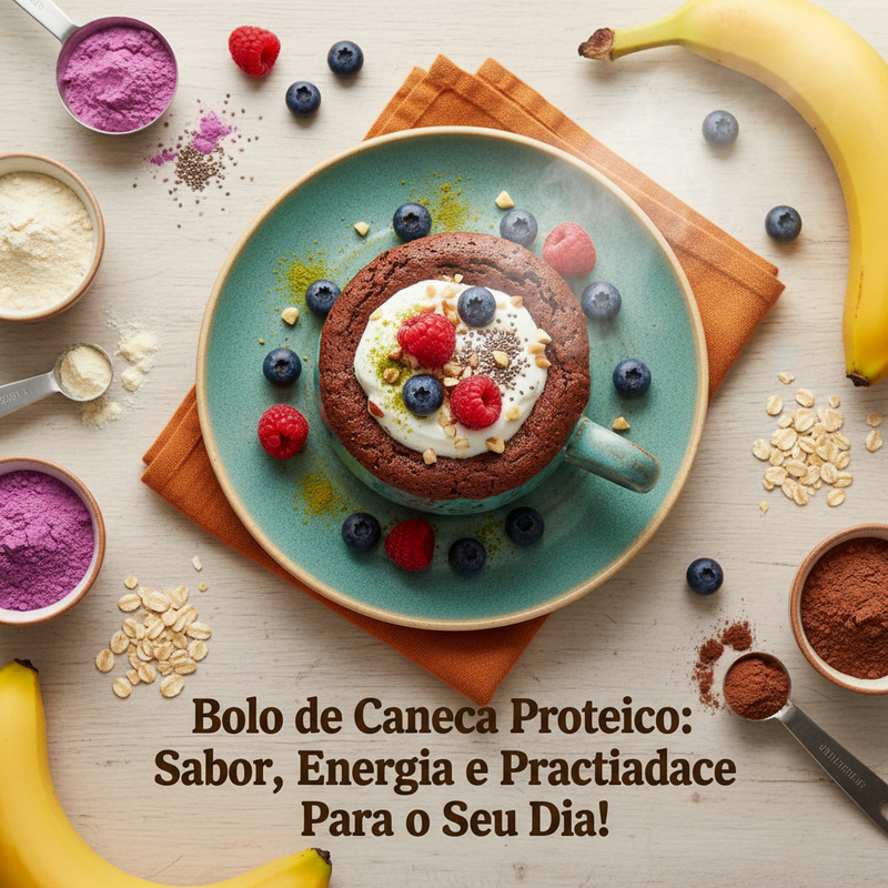Foto de um bolo de caneca proteico de chocolate saindo do micro-ondas, em uma caneca azul.
