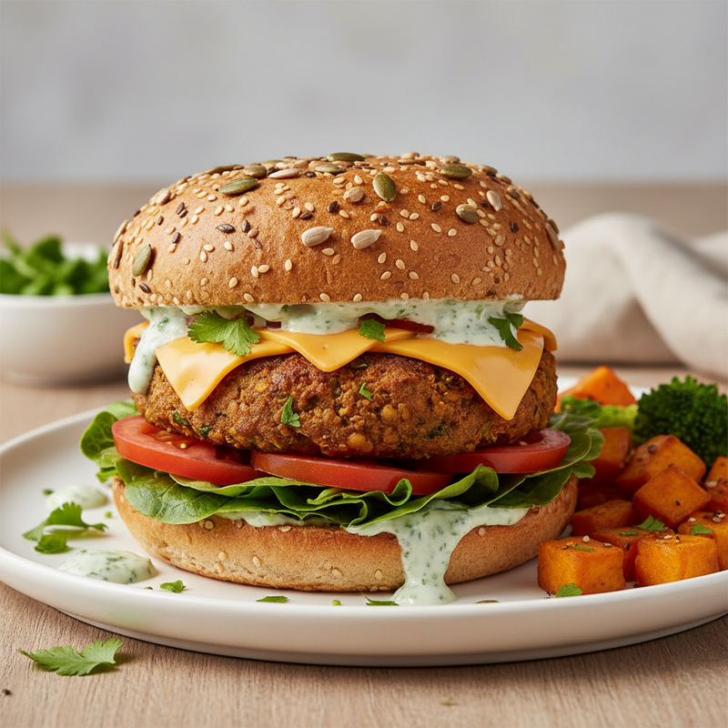 Hambúrguer de lentilha fit em pão integral com salada, suculento e saudável, em um prato de madeira.