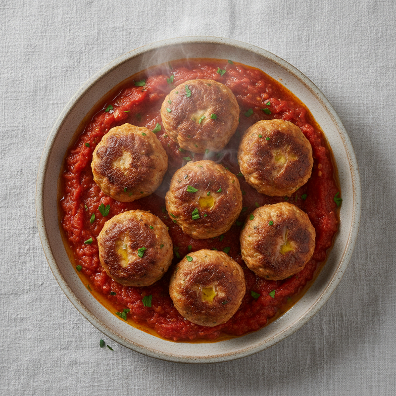 Almôndegas de Frango Fit com molho de tomate caseiro e manjericão fresco em um prato, acompanhadas de macarrão integral.
