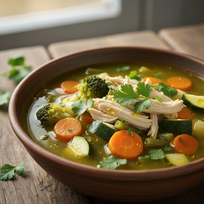 Sopa detox de legumes com frango desfiado em um prato fundo, com ervas frescas e pão integral ao lado. A imagem realça a frase-chave.