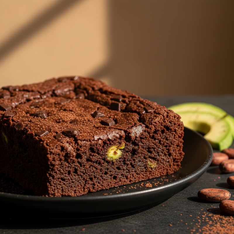 Brownie proteico fit de abacate e cacau em pedaços sobre um prato de madeira, com alguns ingredientes ao redor. Inclui a frase-chave: receita brownie proteico fit.