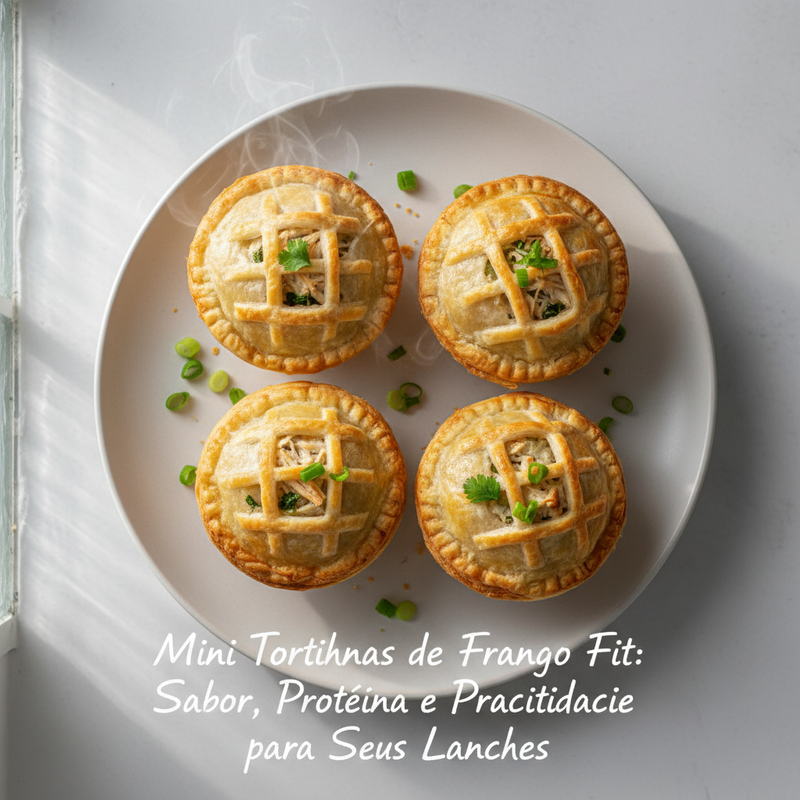 Mini tortinhas de frango fit prontas para consumo em forminhas de muffin, com frango e vegetais visíveis. Lanche saudável e proteico, perfeito para o dia a dia.